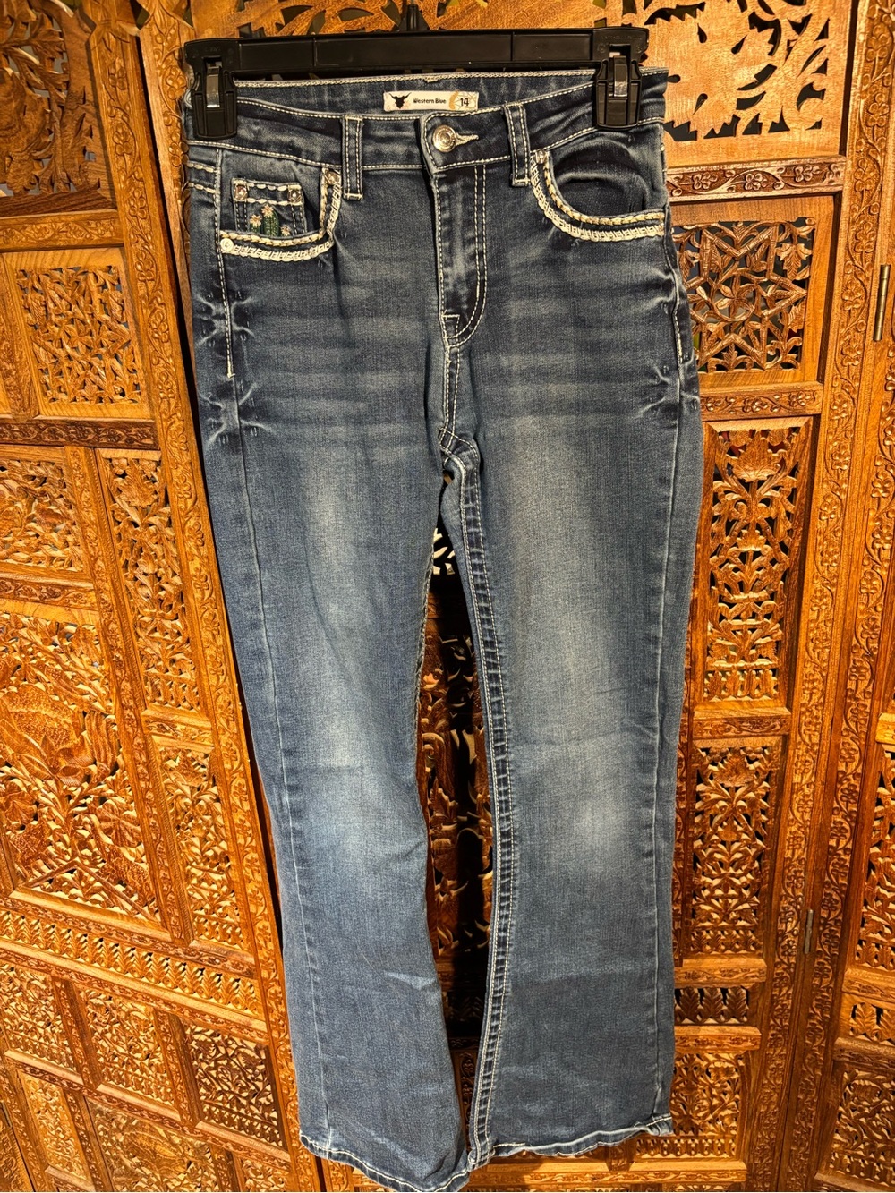 Girls' Blue Denim Jeans with Embellished Pocket Trim